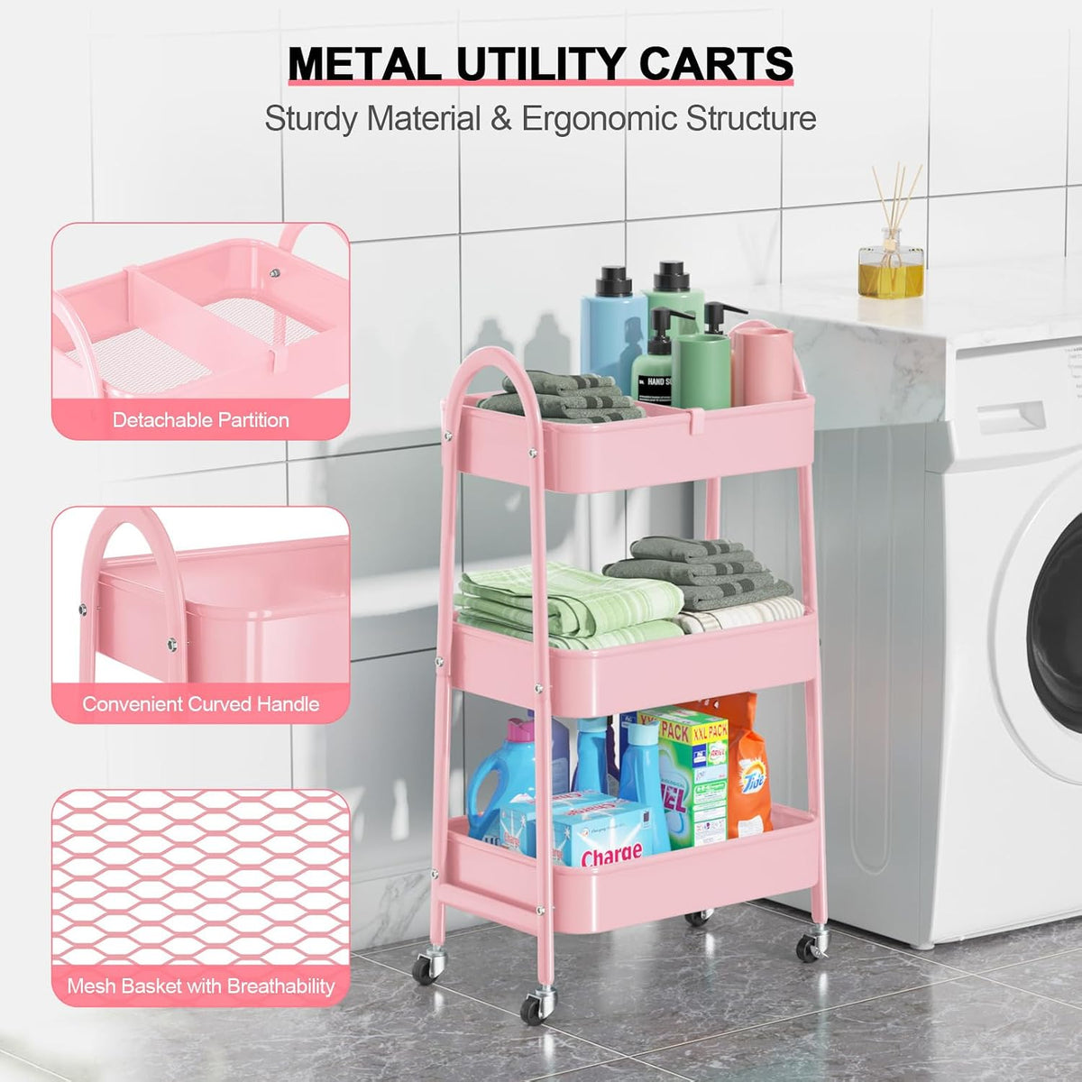 3 Tier Utility Rolling Cart, Metal Storage Cart with Handle and Lockable Wheels, Multifunctional Storage Organizer Trolley with Mesh Baskets for Kitchen, Living Room, Office, Garage (Beige)