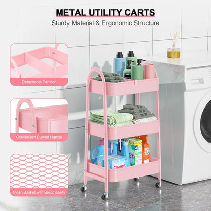 3 Tier Utility Rolling Cart, Metal Storage Cart with Handle and Lockable Wheels, Multifunctional Storage Organizer Trolley with Mesh Baskets for Kitchen, Living Room, Office, Garage (Beige)