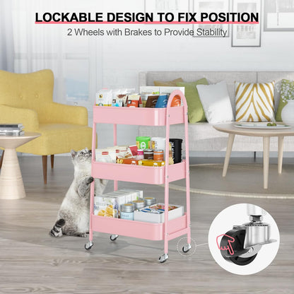 3 Tier Utility Rolling Cart, Metal Storage Cart with Handle and Lockable Wheels, Multifunctional Storage Organizer Trolley with Mesh Baskets for Kitchen, Living Room, Office, Garage (Beige)