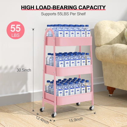 3 Tier Utility Rolling Cart, Metal Storage Cart with Handle and Lockable Wheels, Multifunctional Storage Organizer Trolley with Mesh Baskets for Kitchen, Living Room, Office, Garage (Beige)