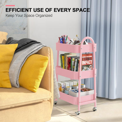 3 Tier Utility Rolling Cart, Metal Storage Cart with Handle and Lockable Wheels, Multifunctional Storage Organizer Trolley with Mesh Baskets for Kitchen, Living Room, Office, Garage (Beige)