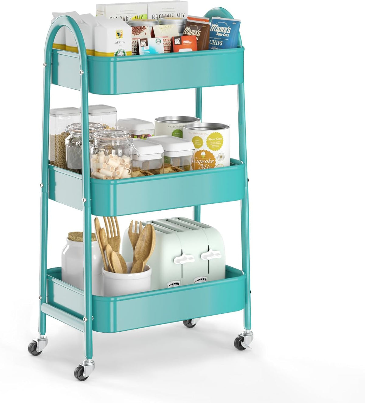 3 Tier Utility Rolling Cart, Metal Storage Cart with Handle and Lockable Wheels, Multifunctional Storage Organizer Trolley with Mesh Baskets for Kitchen, Living Room, Office, Garage (Beige)