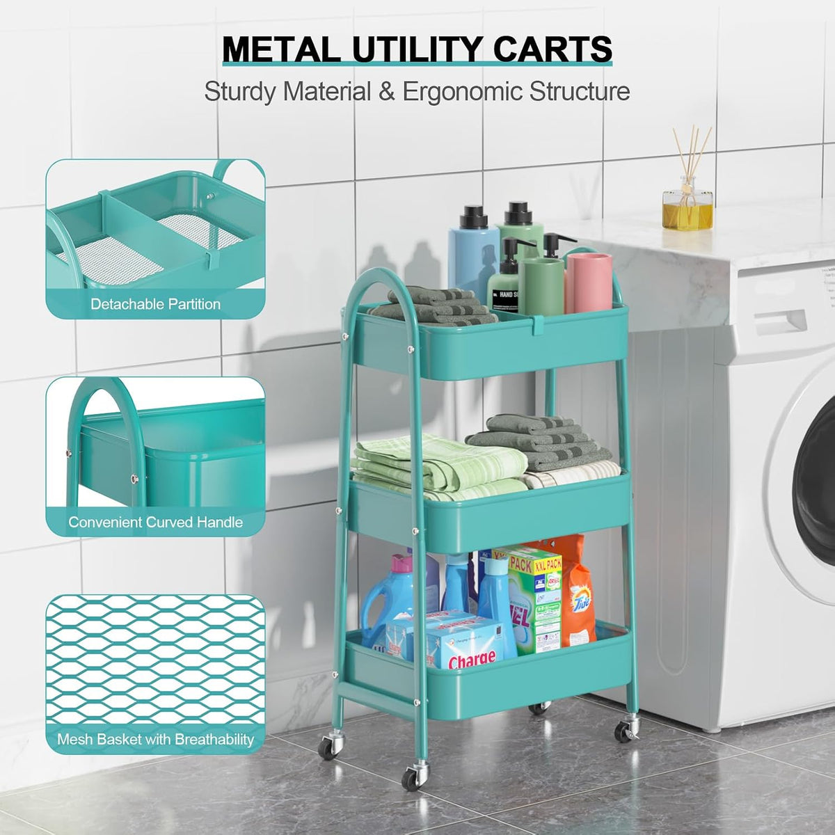 3 Tier Utility Rolling Cart, Metal Storage Cart with Handle and Lockable Wheels, Multifunctional Storage Organizer Trolley with Mesh Baskets for Kitchen, Living Room, Office, Garage (Beige)