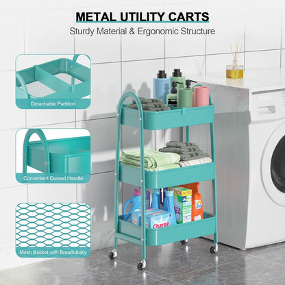 3 Tier Utility Rolling Cart, Metal Storage Cart with Handle and Lockable Wheels, Multifunctional Storage Organizer Trolley with Mesh Baskets for Kitchen, Living Room, Office, Garage (Beige)