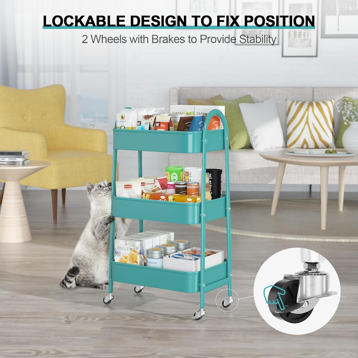3 Tier Utility Rolling Cart, Metal Storage Cart with Handle and Lockable Wheels, Multifunctional Storage Organizer Trolley with Mesh Baskets for Kitchen, Living Room, Office, Garage (Beige)