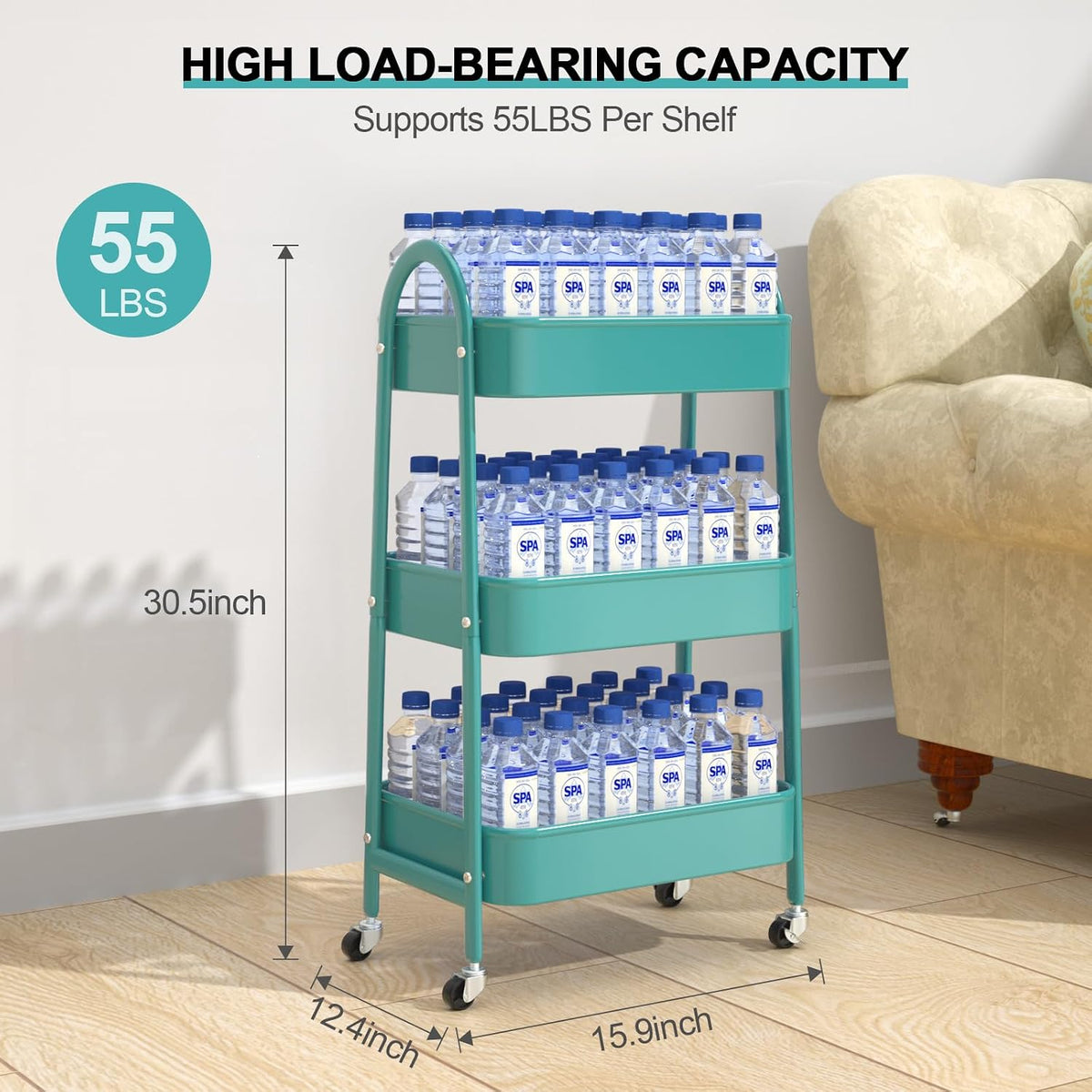 3 Tier Utility Rolling Cart, Metal Storage Cart with Handle and Lockable Wheels, Multifunctional Storage Organizer Trolley with Mesh Baskets for Kitchen, Living Room, Office, Garage (Beige)