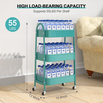 3 Tier Utility Rolling Cart, Metal Storage Cart with Handle and Lockable Wheels, Multifunctional Storage Organizer Trolley with Mesh Baskets for Kitchen, Living Room, Office, Garage (Beige)