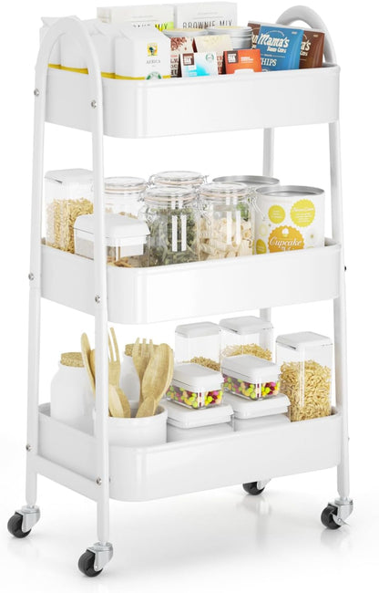 3 Tier Utility Rolling Cart, Metal Storage Cart with Handle and Lockable Wheels, Multifunctional Storage Organizer Trolley with Mesh Baskets for Kitchen, Living Room, Office, Garage (Beige)