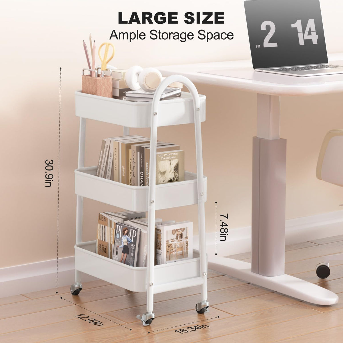 3 Tier Utility Rolling Cart, Metal Storage Cart with Handle and Lockable Wheels, Multifunctional Storage Organizer Trolley with Mesh Baskets for Kitchen, Living Room, Office, Garage (Beige)