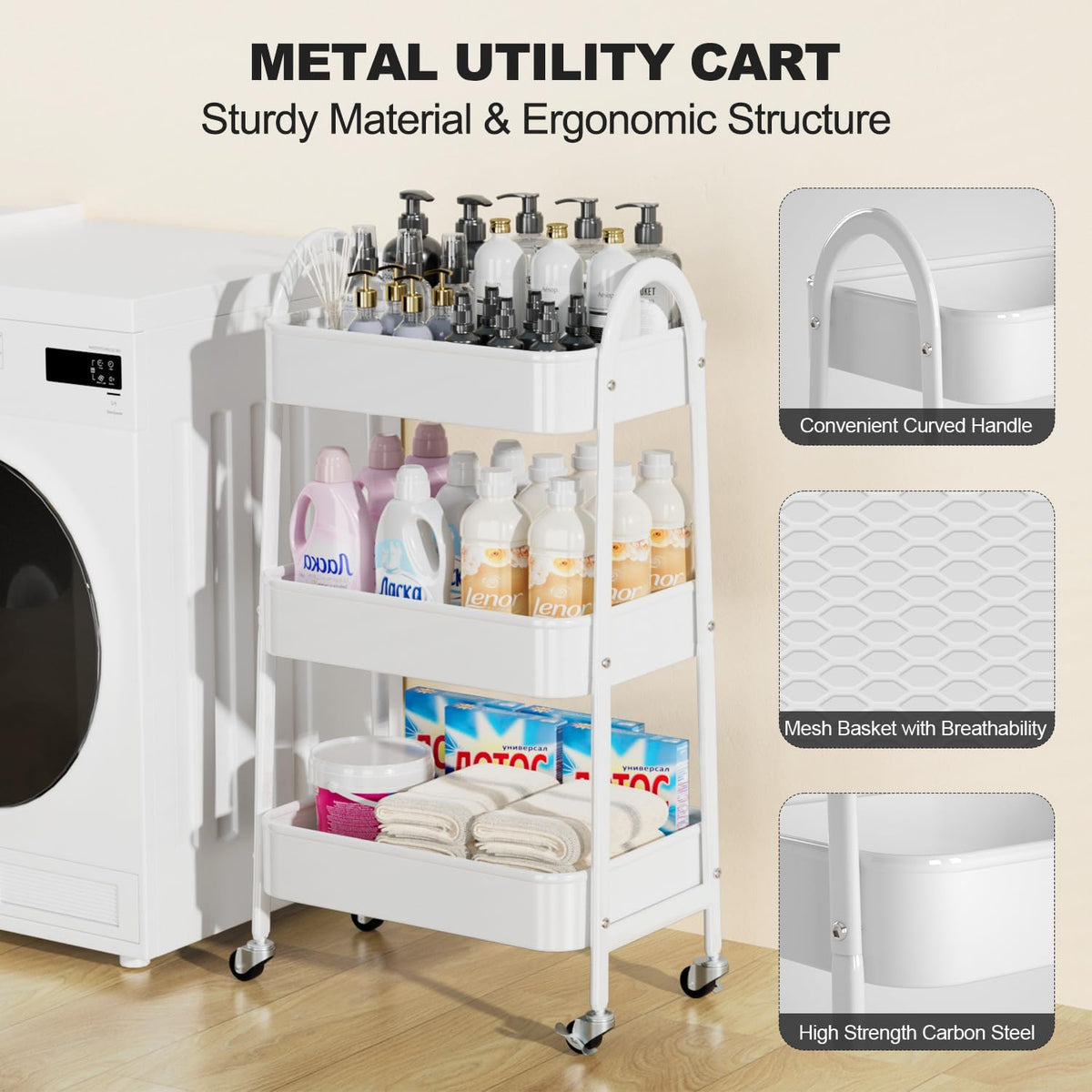 3 Tier Utility Rolling Cart, Metal Storage Cart with Handle and Lockable Wheels, Multifunctional Storage Organizer Trolley with Mesh Baskets for Kitchen, Living Room, Office, Garage (Beige)