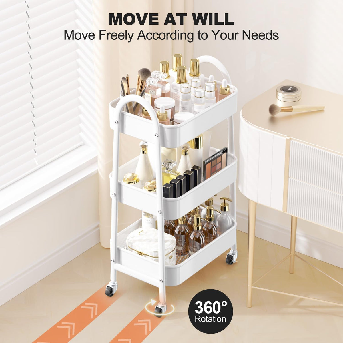 3 Tier Utility Rolling Cart, Metal Storage Cart with Handle and Lockable Wheels, Multifunctional Storage Organizer Trolley with Mesh Baskets for Kitchen, Living Room, Office, Garage (Beige)