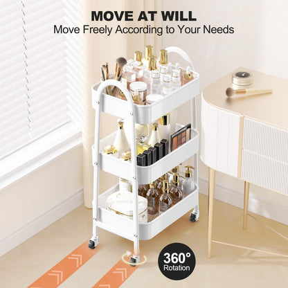 3 Tier Utility Rolling Cart, Metal Storage Cart with Handle and Lockable Wheels, Multifunctional Storage Organizer Trolley with Mesh Baskets for Kitchen, Living Room, Office, Garage (Beige)