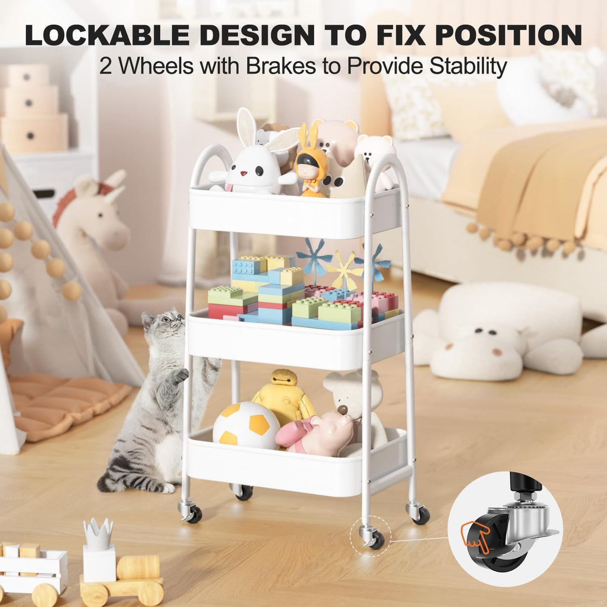 3 Tier Utility Rolling Cart, Metal Storage Cart with Handle and Lockable Wheels, Multifunctional Storage Organizer Trolley with Mesh Baskets for Kitchen, Living Room, Office, Garage (Beige)