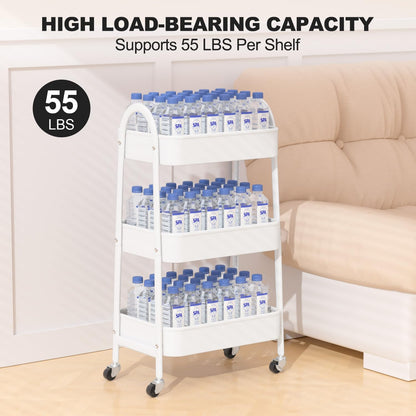 3 Tier Utility Rolling Cart, Metal Storage Cart with Handle and Lockable Wheels, Multifunctional Storage Organizer Trolley with Mesh Baskets for Kitchen, Living Room, Office, Garage (Beige)