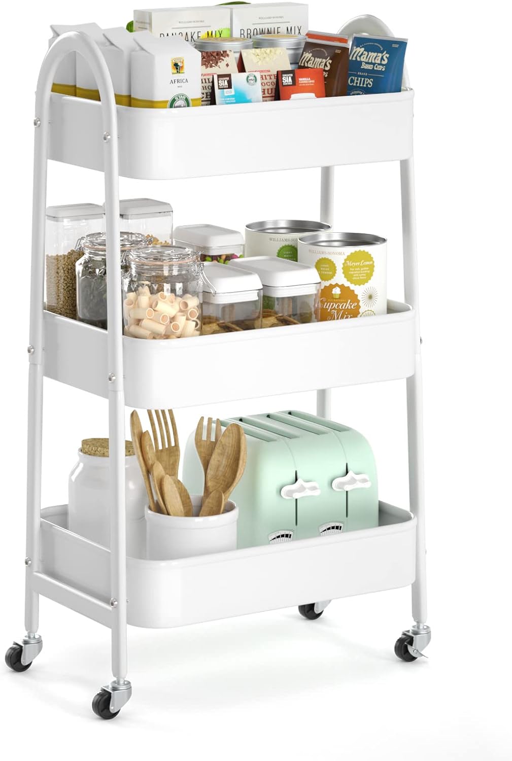 3 Tier Utility Rolling Cart, Metal Storage Cart with Handle and Lockable Wheels, Multifunctional Storage Organizer Trolley with Mesh Baskets for Kitchen, Living Room, Office, Garage (Beige)