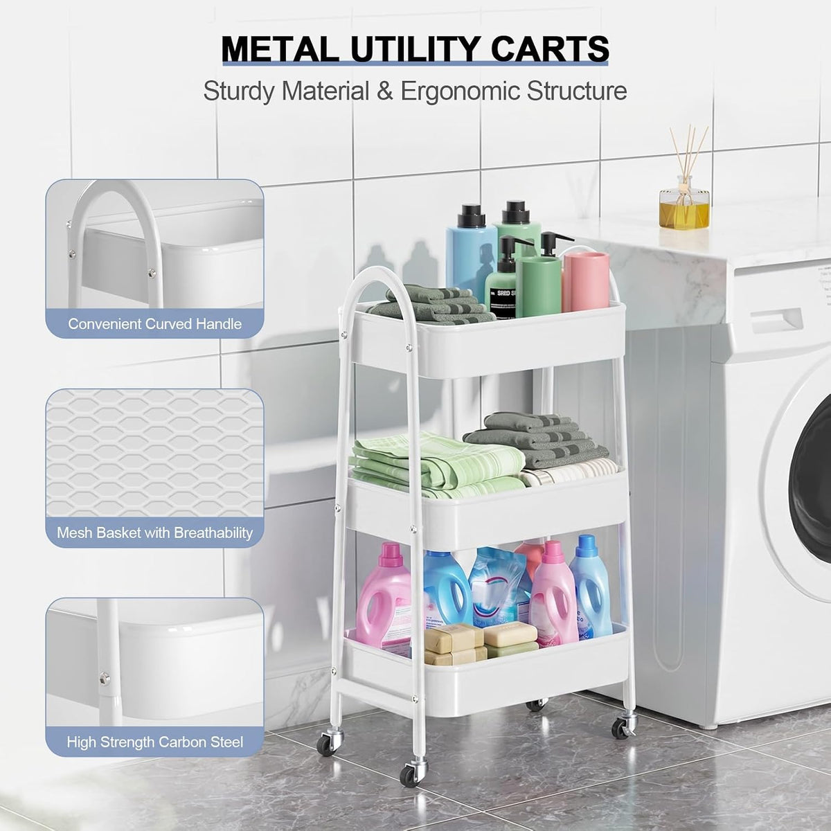 3 Tier Utility Rolling Cart, Metal Storage Cart with Handle and Lockable Wheels, Multifunctional Storage Organizer Trolley with Mesh Baskets for Kitchen, Living Room, Office, Garage (Beige)