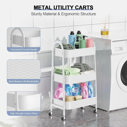 3 Tier Utility Rolling Cart, Metal Storage Cart with Handle and Lockable Wheels, Multifunctional Storage Organizer Trolley with Mesh Baskets for Kitchen, Living Room, Office, Garage (Beige)