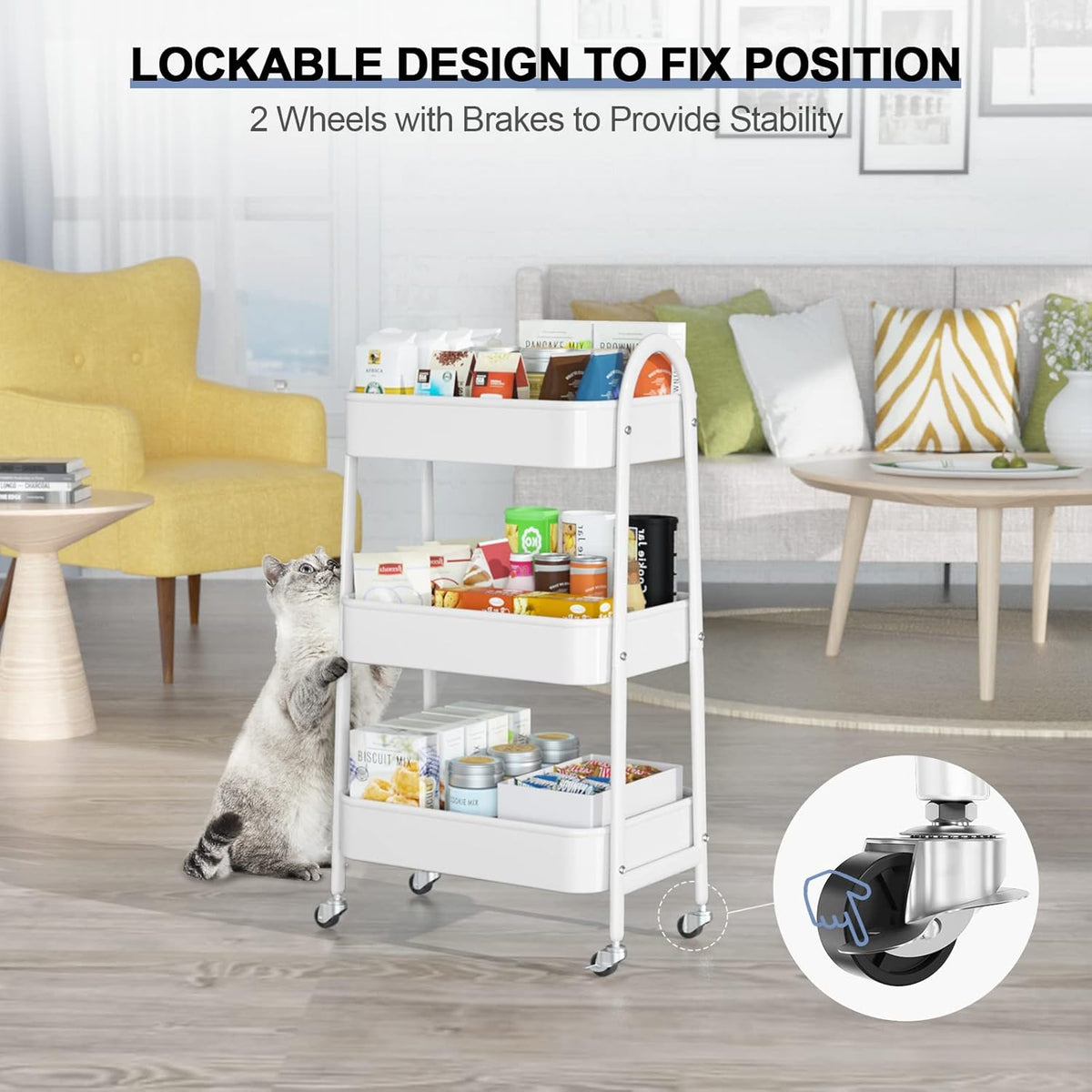 3 Tier Utility Rolling Cart, Metal Storage Cart with Handle and Lockable Wheels, Multifunctional Storage Organizer Trolley with Mesh Baskets for Kitchen, Living Room, Office, Garage (Beige)