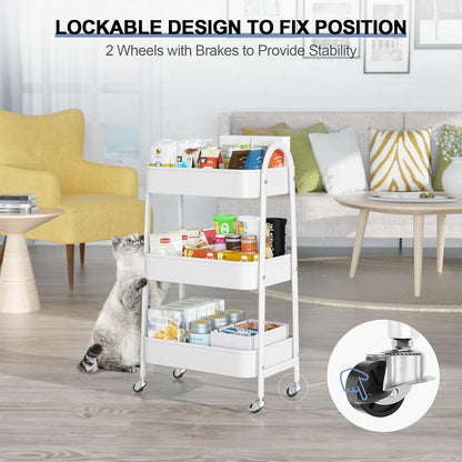 3 Tier Utility Rolling Cart, Metal Storage Cart with Handle and Lockable Wheels, Multifunctional Storage Organizer Trolley with Mesh Baskets for Kitchen, Living Room, Office, Garage (Beige)