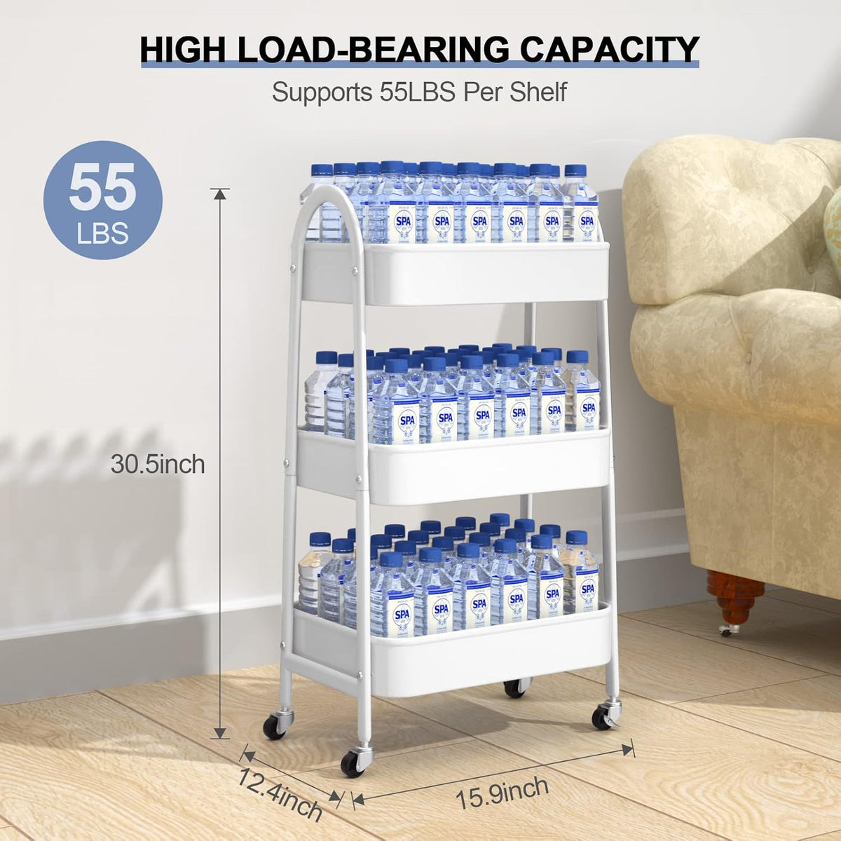 3 Tier Utility Rolling Cart, Metal Storage Cart with Handle and Lockable Wheels, Multifunctional Storage Organizer Trolley with Mesh Baskets for Kitchen, Living Room, Office, Garage (Beige)