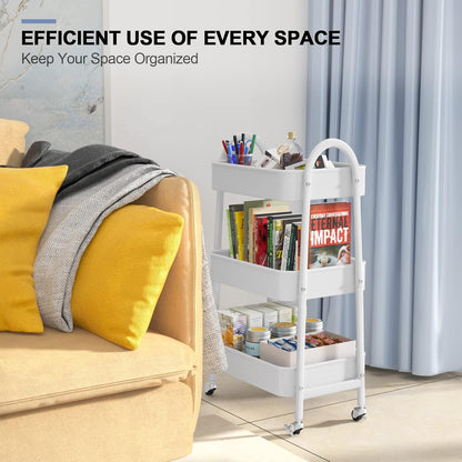 3 Tier Utility Rolling Cart, Metal Storage Cart with Handle and Lockable Wheels, Multifunctional Storage Organizer Trolley with Mesh Baskets for Kitchen, Living Room, Office, Garage (Beige)