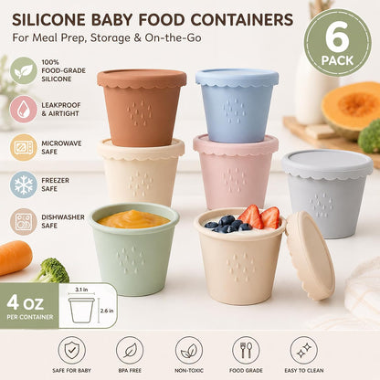 Silicone Baby Food Containers 6 Pack 4oz Baby Food Storage Set, Airtight Leak Proof Baby Feeding Cups, Freezer & Microwave Safe, Stackable Baby Snack Containers, Baby Shower Gift