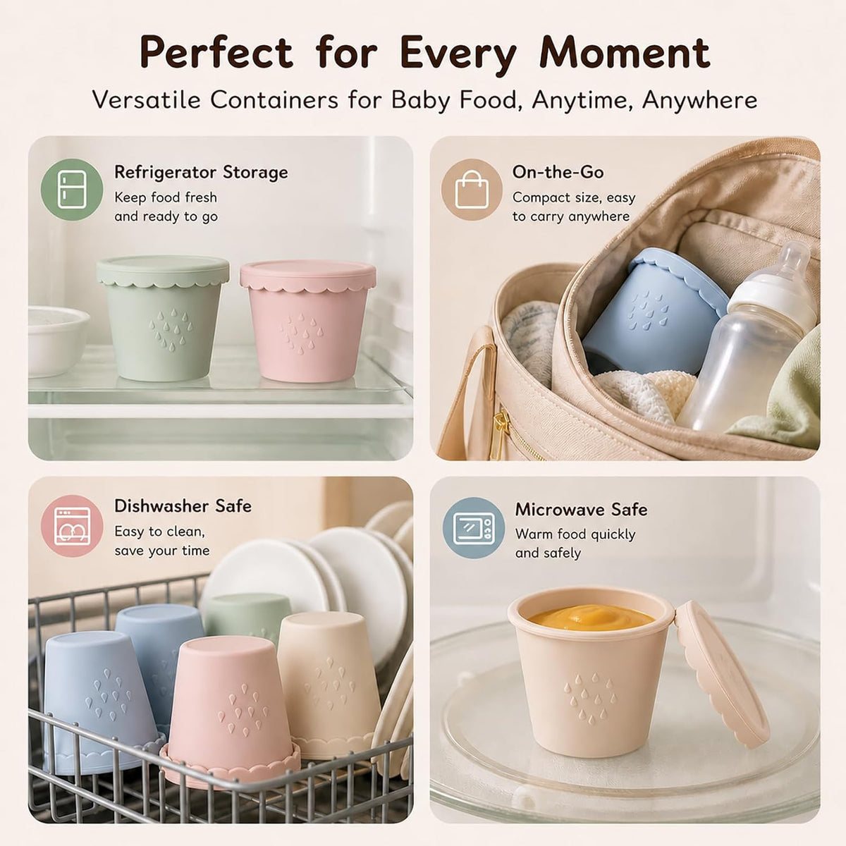 Silicone Baby Food Containers 6 Pack 4oz Baby Food Storage Set, Airtight Leak Proof Baby Feeding Cups, Freezer & Microwave Safe, Stackable Baby Snack Containers, Baby Shower Gift