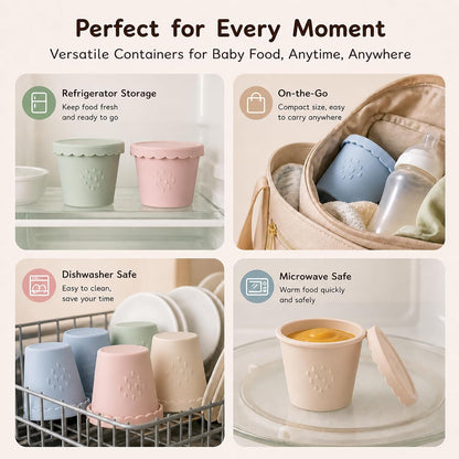 Silicone Baby Food Containers 6 Pack 4oz Baby Food Storage Set, Airtight Leak Proof Baby Feeding Cups, Freezer & Microwave Safe, Stackable Baby Snack Containers, Baby Shower Gift