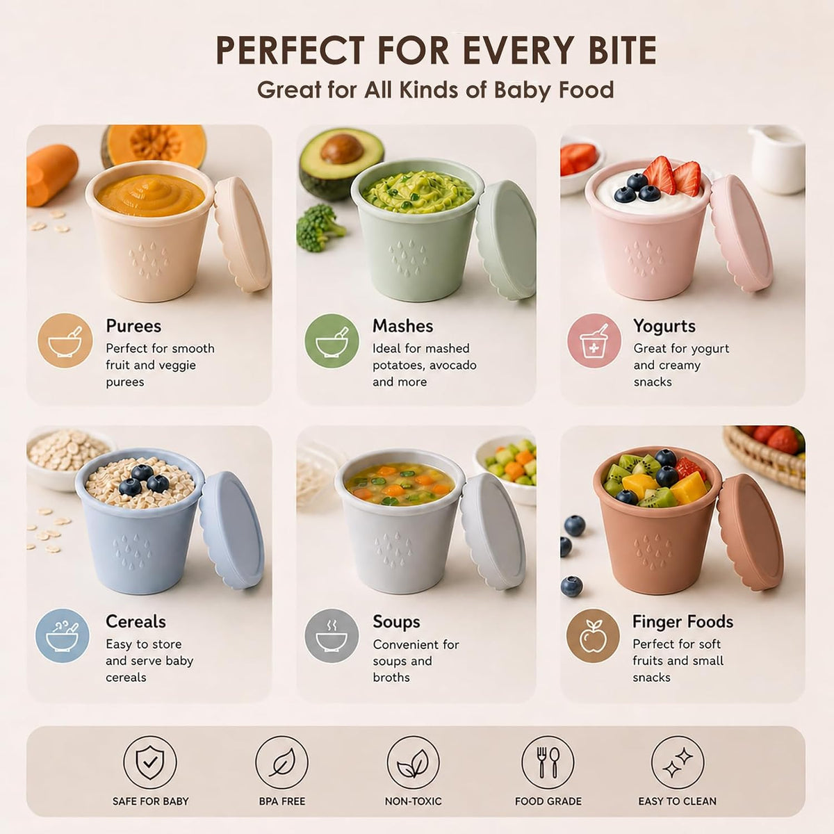 Silicone Baby Food Containers 6 Pack 4oz Baby Food Storage Set, Airtight Leak Proof Baby Feeding Cups, Freezer & Microwave Safe, Stackable Baby Snack Containers, Baby Shower Gift