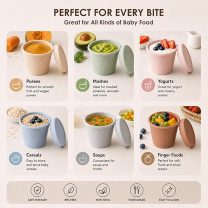 Silicone Baby Food Containers 6 Pack 4oz Baby Food Storage Set, Airtight Leak Proof Baby Feeding Cups, Freezer & Microwave Safe, Stackable Baby Snack Containers, Baby Shower Gift
