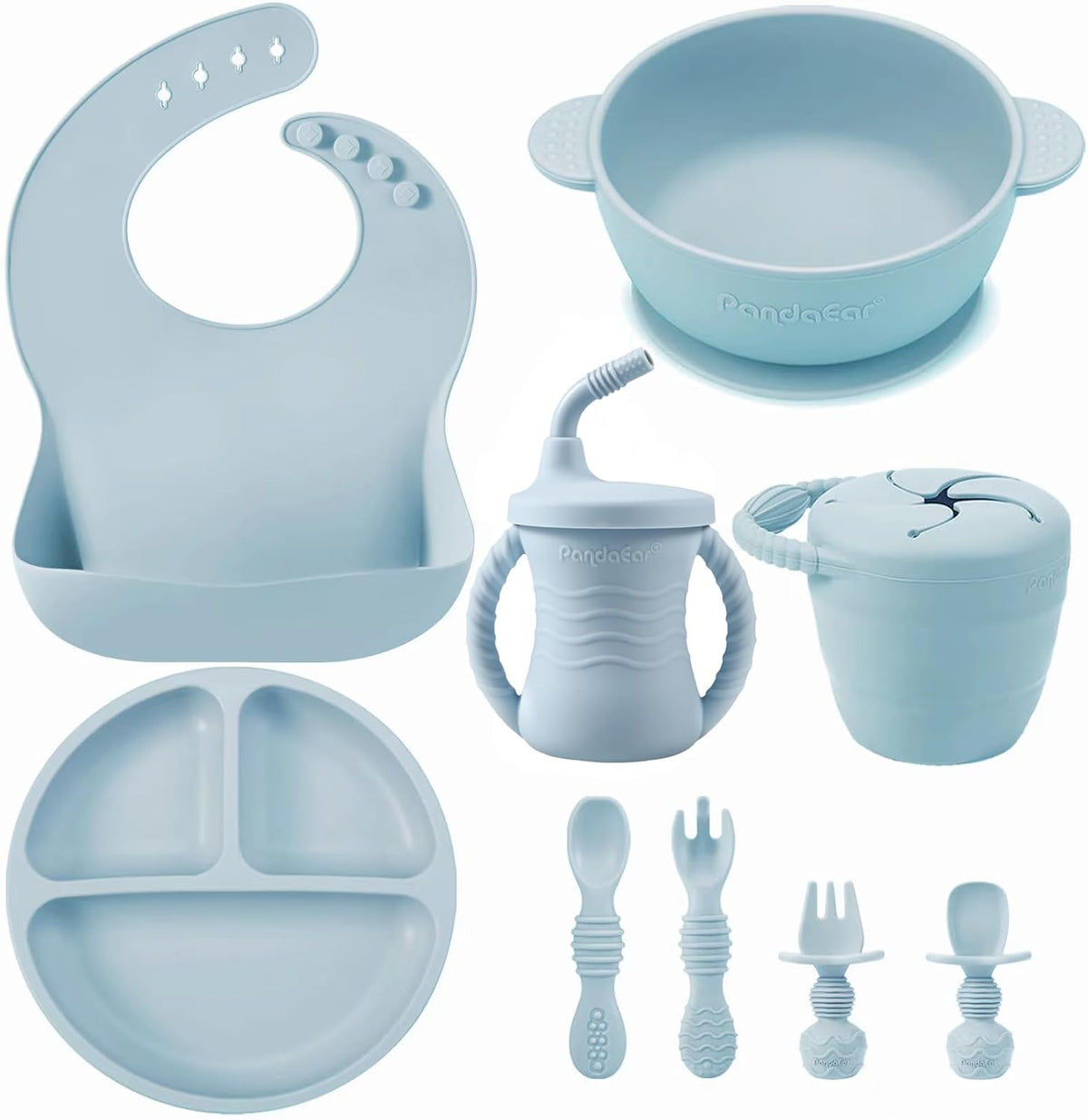 Silicone Baby Feeding Set | 9PCS Baby Led Weaning Supplies Self Feeding Utensils | Divided Suction Plate Bowl Bibs Sippy Cup with Baby Snack Container Spoons Forks (Blue)