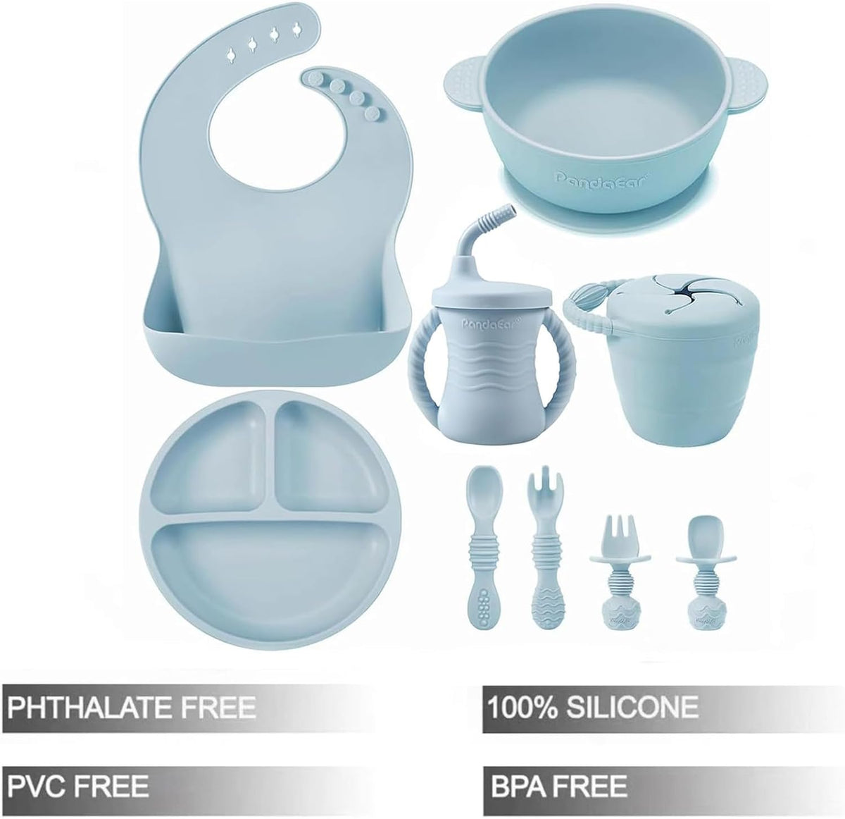 Silicone Baby Feeding Set | 9PCS Baby Led Weaning Supplies Self Feeding Utensils | Divided Suction Plate Bowl Bibs Sippy Cup with Baby Snack Container Spoons Forks (Blue)