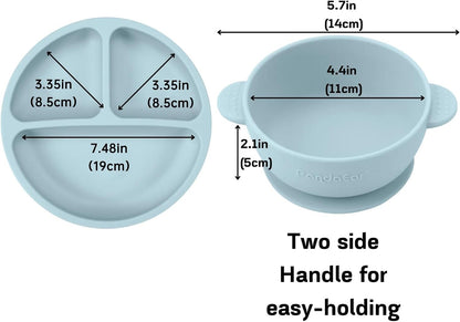 Silicone Baby Feeding Set | 9PCS Baby Led Weaning Supplies Self Feeding Utensils | Divided Suction Plate Bowl Bibs Sippy Cup with Baby Snack Container Spoons Forks (Blue)