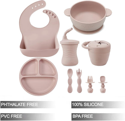 Silicone Baby Feeding Set | 9PCS Baby Led Weaning Supplies Self Feeding Utensils | Divided Suction Plate Bowl Bibs Sippy Cup with Baby Snack Container Spoons Forks (Blue)