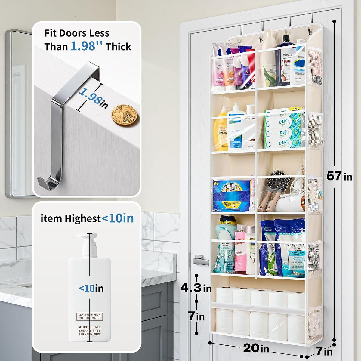 Over the Door Organizer for Bedroom, Pantry Bathroom, 5 Shelf Beige