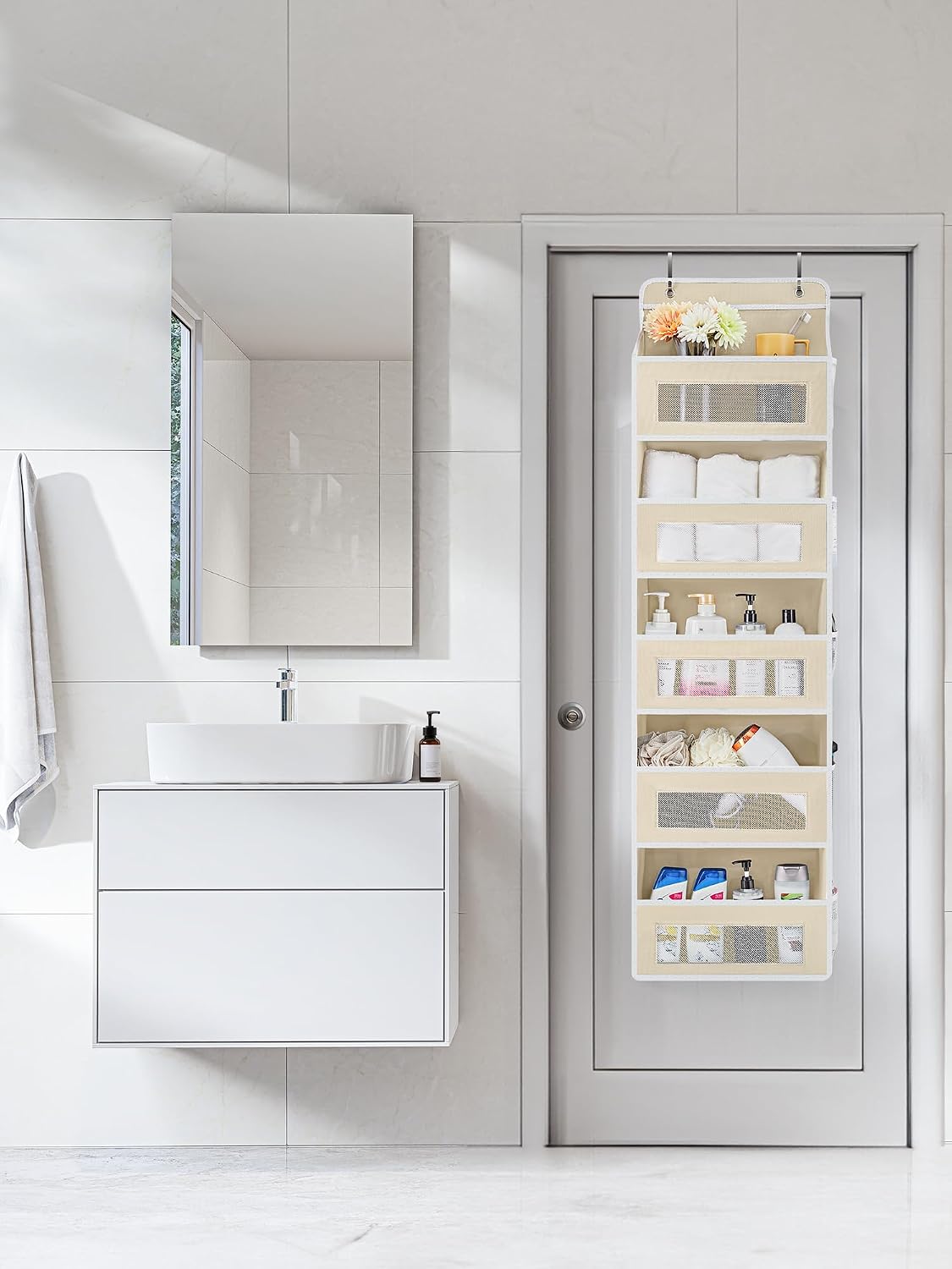 Over the Door Organizer for Bedroom, Pantry Bathroom, 5 Shelf Beige