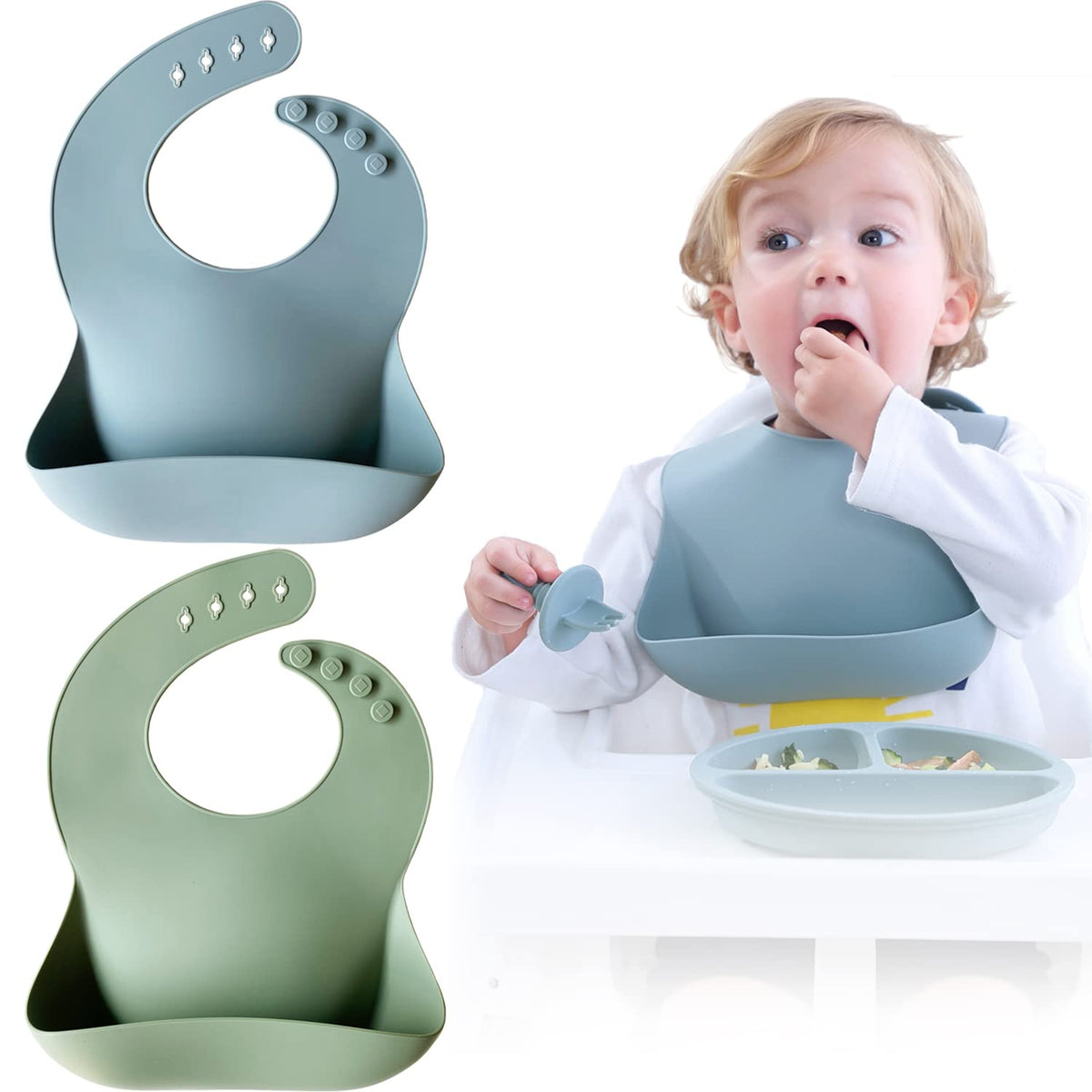 Silicone Baby Bibs Set of 2, Waterproof Feeding Bibs for Toddlers, Adjustable Soft Silicone Bibs with Deep Food Catcher Pocket, BPA-Free, Dishwasher Safe (Ether/Muted)