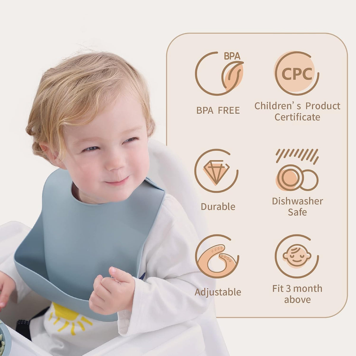 Silicone Baby Bibs Set of 2, Waterproof Feeding Bibs for Toddlers, Adjustable Soft Silicone Bibs with Deep Food Catcher Pocket, BPA-Free, Dishwasher Safe (Ether/Muted)