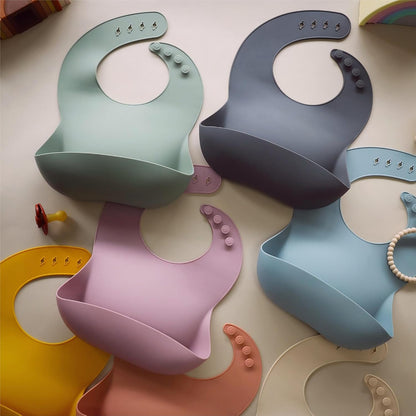 Silicone Baby Bibs Set of 2, Waterproof Feeding Bibs for Toddlers, Adjustable Soft Silicone Bibs with Deep Food Catcher Pocket, BPA-Free, Dishwasher Safe (Ether/Muted)