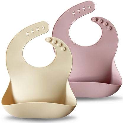 Silicone Baby Bibs Set of 2, Waterproof Feeding Bibs for Toddlers, Adjustable Soft Silicone Bibs with Deep Food Catcher Pocket, BPA-Free, Dishwasher Safe (Ether/Muted)