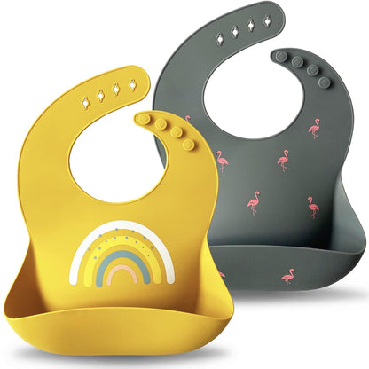 Silicone Baby Bibs Set of 2, Waterproof Feeding Bibs for Toddlers, Adjustable Soft Silicone Bibs with Deep Food Catcher Pocket, BPA-Free, Dishwasher Safe (Ether/Muted)