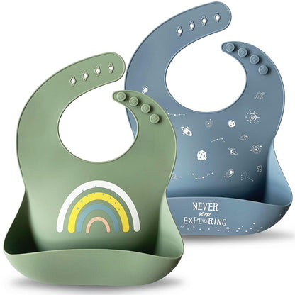 Silicone Baby Bibs Set of 2, Waterproof Feeding Bibs for Toddlers, Adjustable Soft Silicone Bibs with Deep Food Catcher Pocket, BPA-Free, Dishwasher Safe (Ether/Muted)