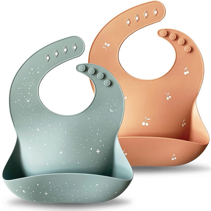 Silicone Baby Bibs Set of 2, Waterproof Feeding Bibs for Toddlers, Adjustable Soft Silicone Bibs with Deep Food Catcher Pocket, BPA-Free, Dishwasher Safe (Ether/Muted)