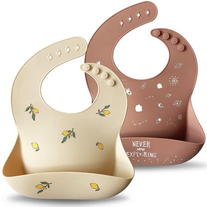 Silicone Baby Bibs Set of 2, Waterproof Feeding Bibs for Toddlers, Adjustable Soft Silicone Bibs with Deep Food Catcher Pocket, BPA-Free, Dishwasher Safe (Ether/Muted)