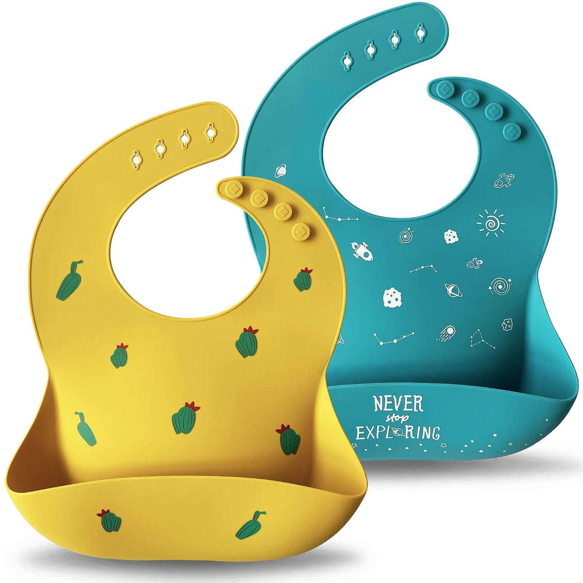 Silicone Baby Bibs Set of 2, Waterproof Feeding Bibs for Toddlers, Adjustable Soft Silicone Bibs with Deep Food Catcher Pocket, BPA-Free, Dishwasher Safe (Ether/Muted)