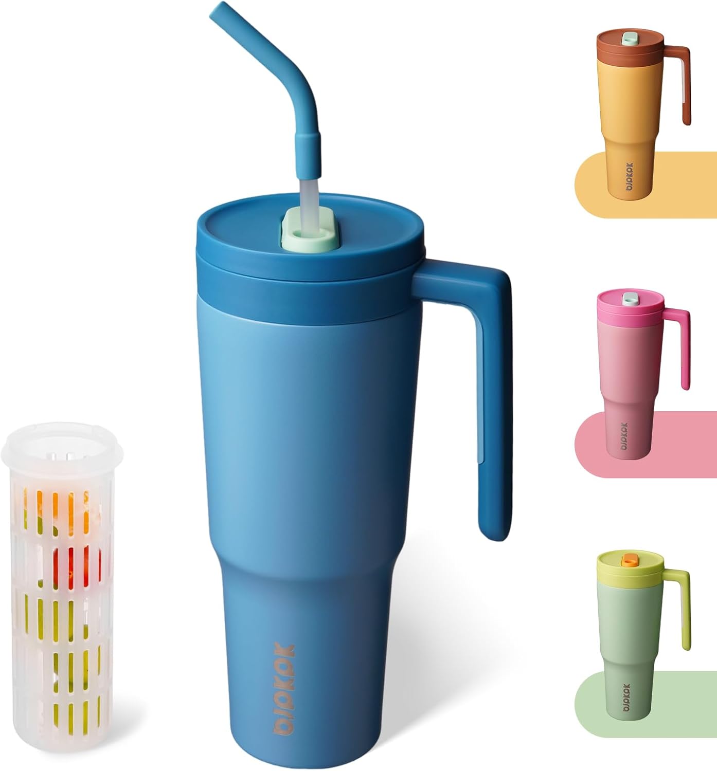 40 oz Tumbler with Handle, Straw & Lid, Insulated Stainless Steel | Travel, Double Wall Vacuum, Keeps Hot/Cold, Spill Proof, Fruit Infuser, BPA Free, Camping, Light Pink