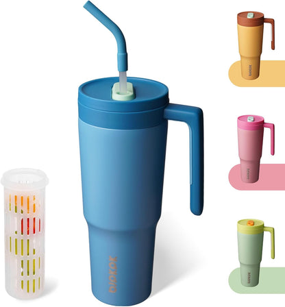 40 oz Tumbler with Handle, Straw & Lid, Insulated Stainless Steel | Travel, Double Wall Vacuum, Keeps Hot/Cold, Spill Proof, Fruit Infuser, BPA Free, Camping, Light Pink