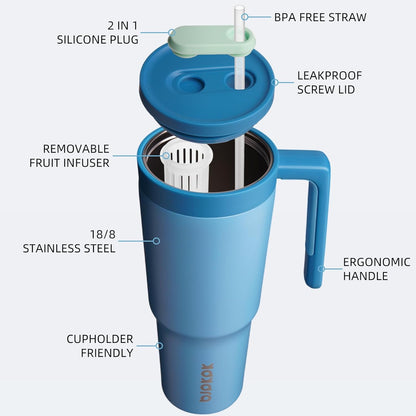 40 oz Tumbler with Handle, Straw & Lid, Insulated Stainless Steel | Travel, Double Wall Vacuum, Keeps Hot/Cold, Spill Proof, Fruit Infuser, BPA Free, Camping, Light Pink