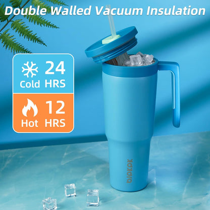 40 oz Tumbler with Handle, Straw & Lid, Insulated Stainless Steel | Travel, Double Wall Vacuum, Keeps Hot/Cold, Spill Proof, Fruit Infuser, BPA Free, Camping, Light Pink