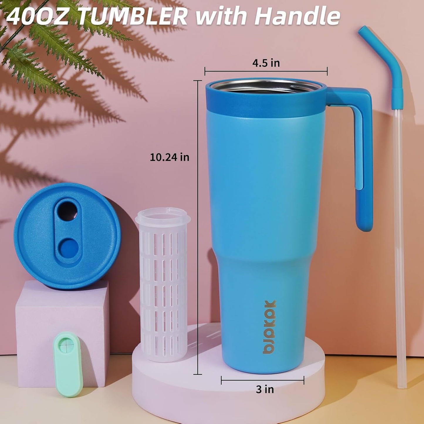 40 oz Tumbler with Handle, Straw & Lid, Insulated Stainless Steel | Travel, Double Wall Vacuum, Keeps Hot/Cold, Spill Proof, Fruit Infuser, BPA Free, Camping, Light Pink